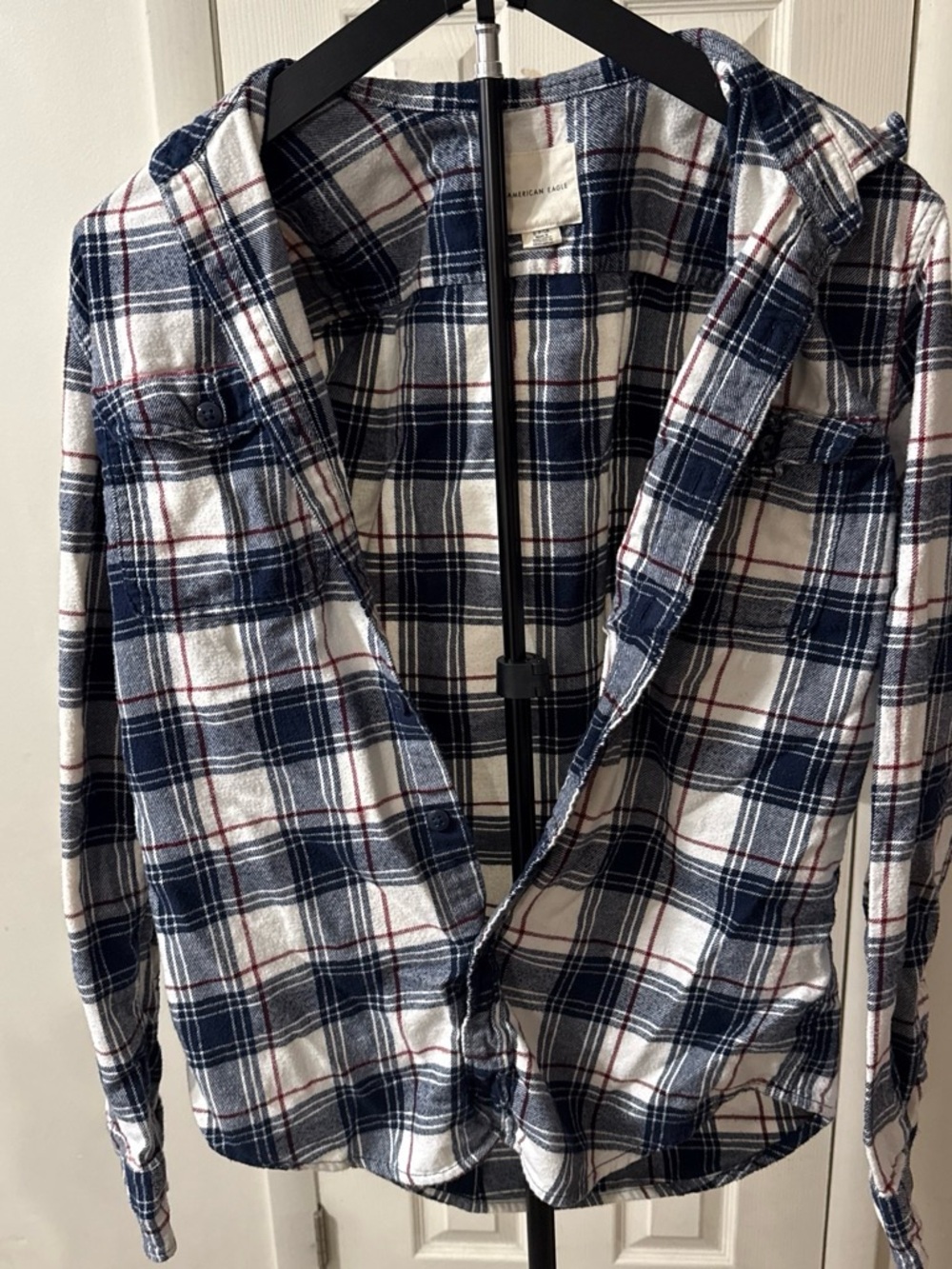 American Eagle Outfitters Navy, White & Red Plaid Hooded Flannel